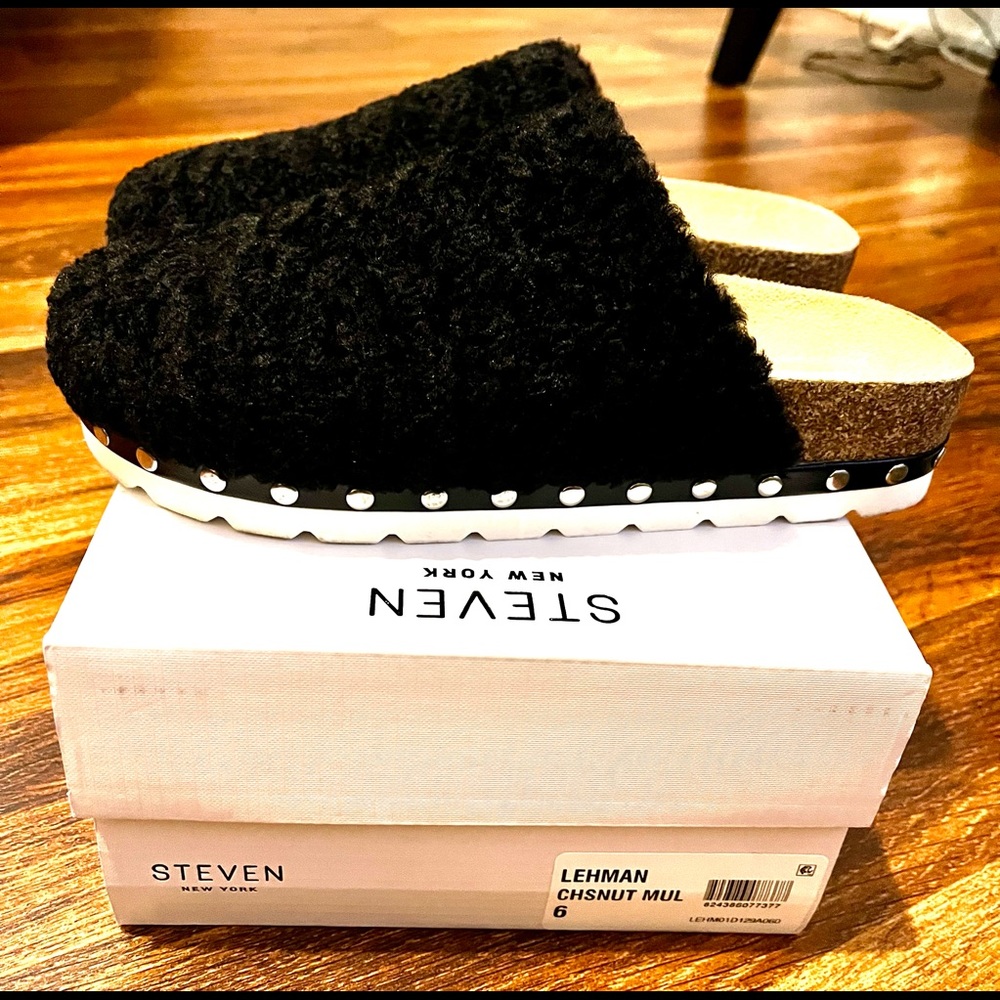 RETRO CLOGS Black fur clogs/slides.Nail. head trim by Steven New York. NIB!